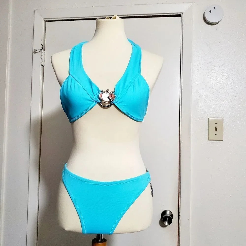 BECCA Blue Button Accented Bikini Set Size Medium